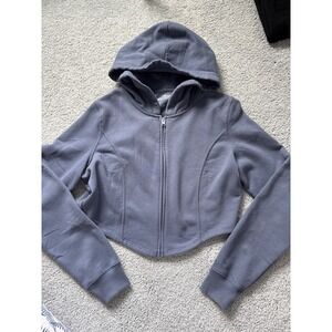 Hollister Crop Sweater Womens Large Long Sleeve Zip Hooded Blue Grey Zip Logo